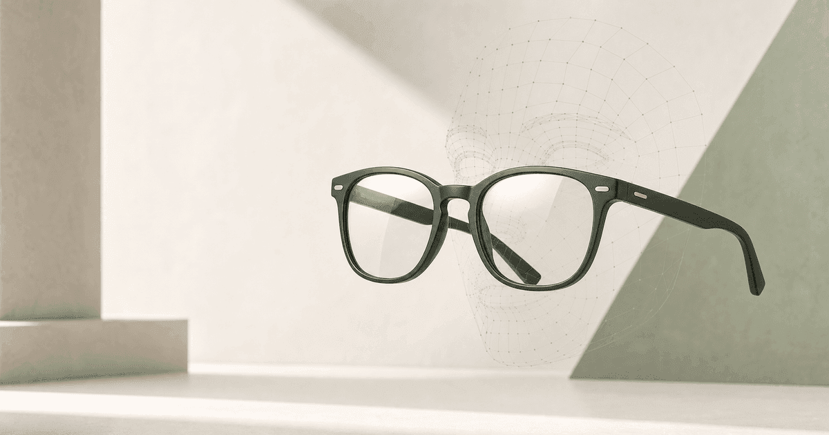 Dark green optical glasses aligned with a subtle virtual face mesh